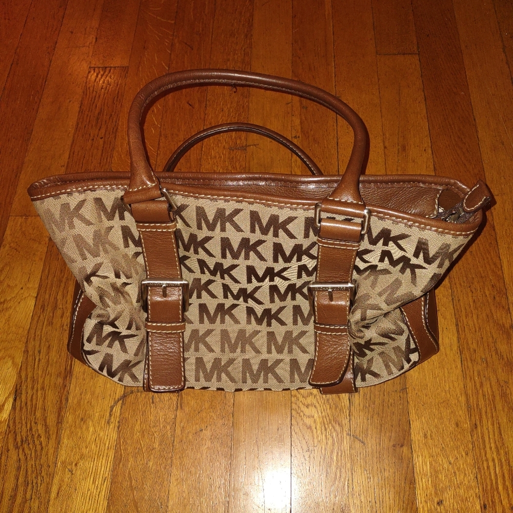 Michael Kors beige and brown logo leather handbag